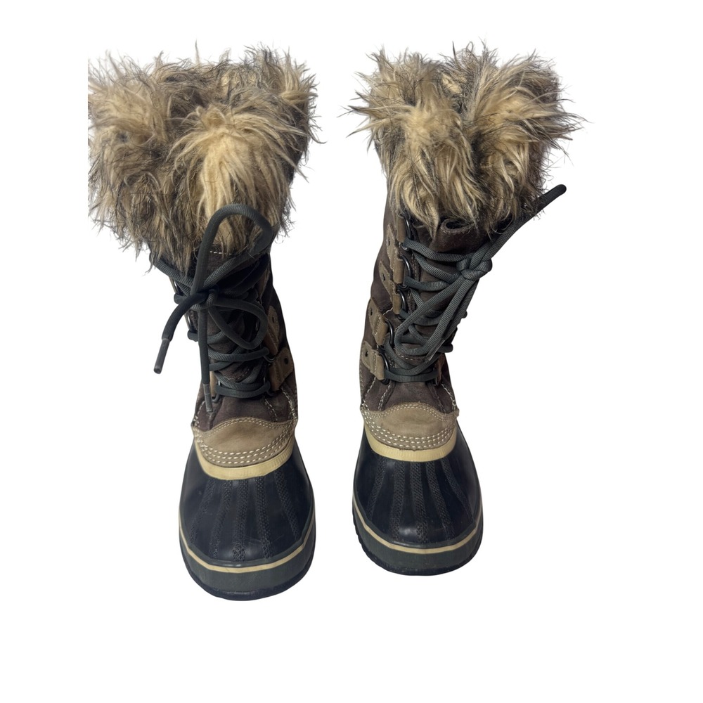 Sorel Joan of Arctic Brown Suede Waterproof Faux Fur Winter Snow Boots Womens.